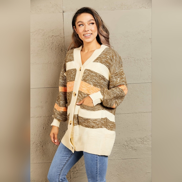 Woven Right Striped Button Down Longline Cardigan with Pockets - Picture 5 of 10